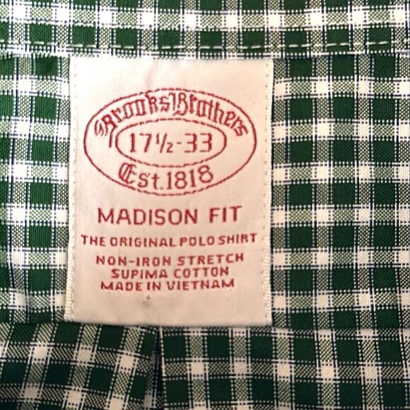 Brooks Brothers Button Down Shirt Madison Fit Cotton Green Gingham Plaid 17,5-33 - Picture 10 of 13